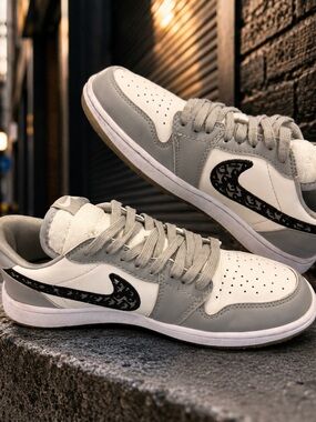 Air Dior Inspired Low Top Sneakers Gray White Monogram Size 7 Luxury Streetwear